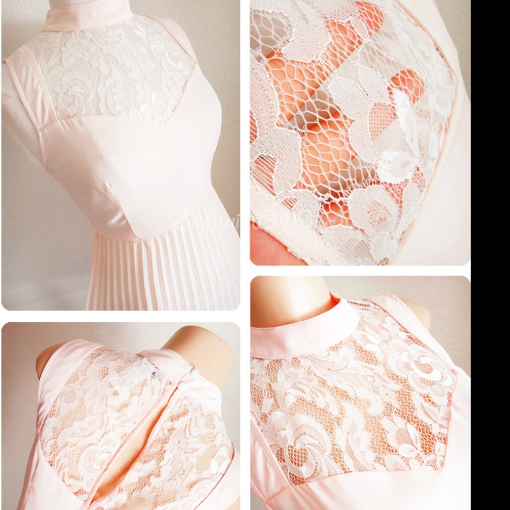 Pale Pink Lace Inset Mock Neck Knife Pleated Dress - Picture 4 of 8